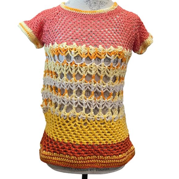 Handmade Crochet Multicolor Granny Square Knit Short Sleeve Shirt - Picture 1 of 10